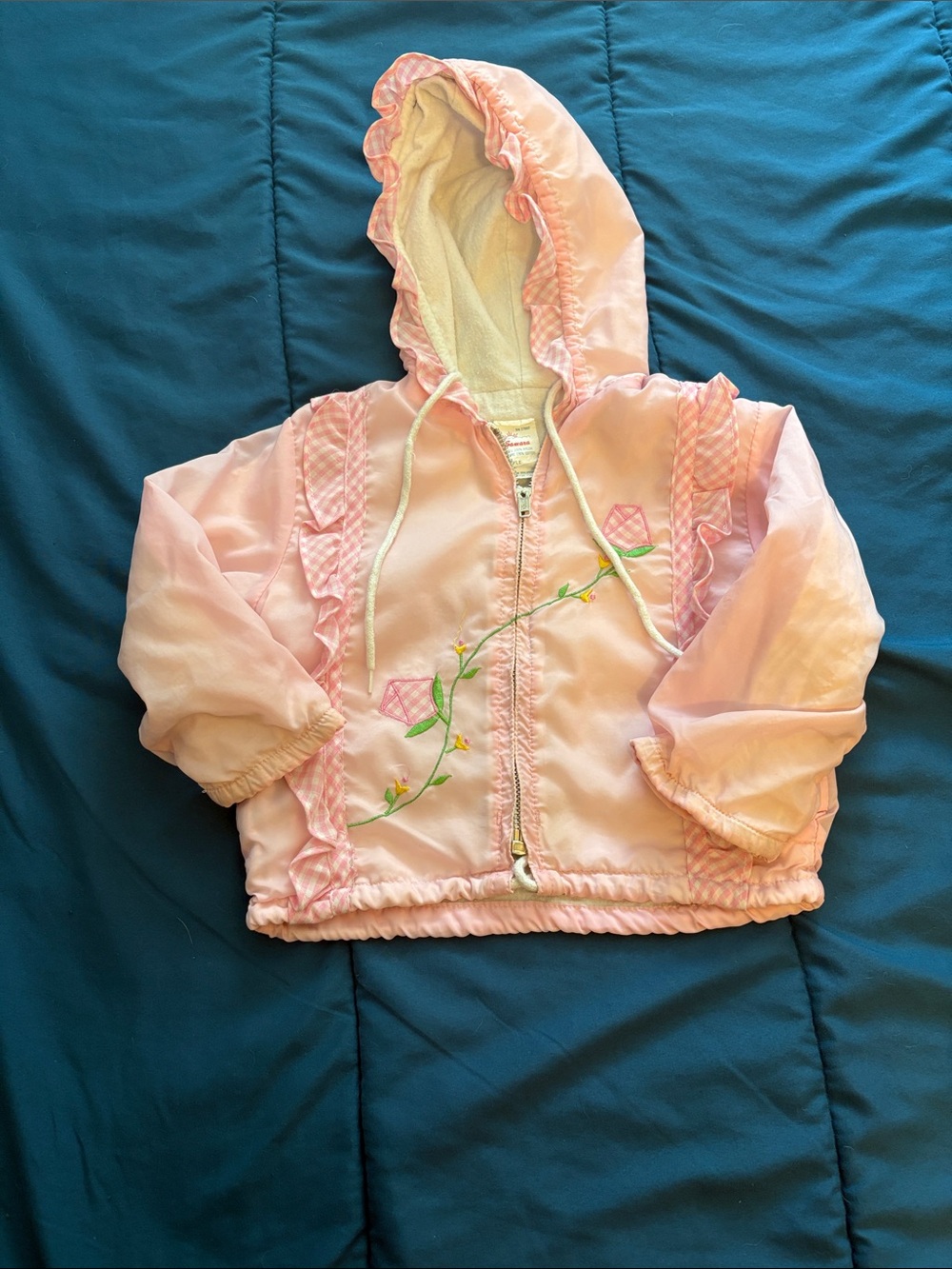 1980s Vintage Girl’s Pink Hooded Raincoat with Floral Embroidery